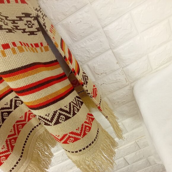Vintage 70s-80s Aztec Southwestern Sweater Tunic Collar SSL Slits Fringe -10/12 - Picture 10 of 11